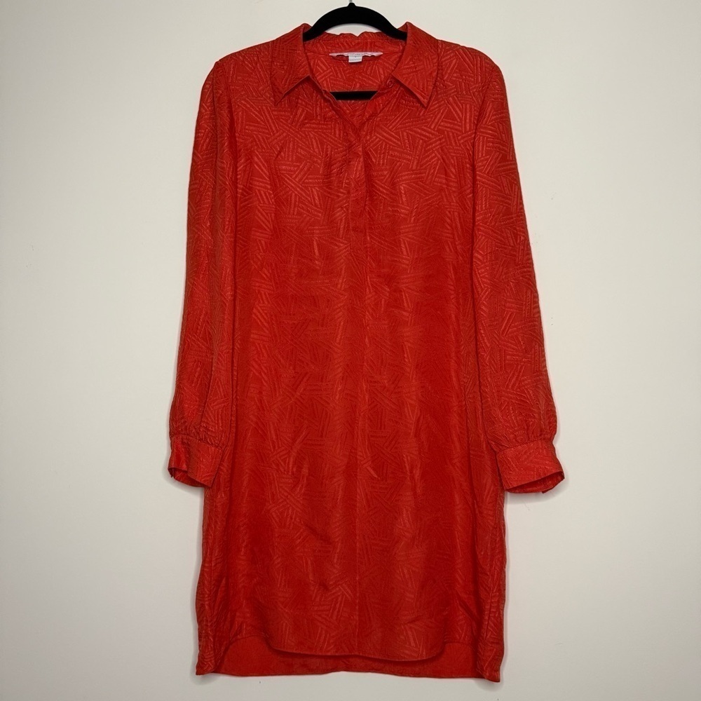 DVF Seanna 100% Silk Orange Geometric Hatch Printed Collar Career Shirt Dress - Picture 2 of 11
